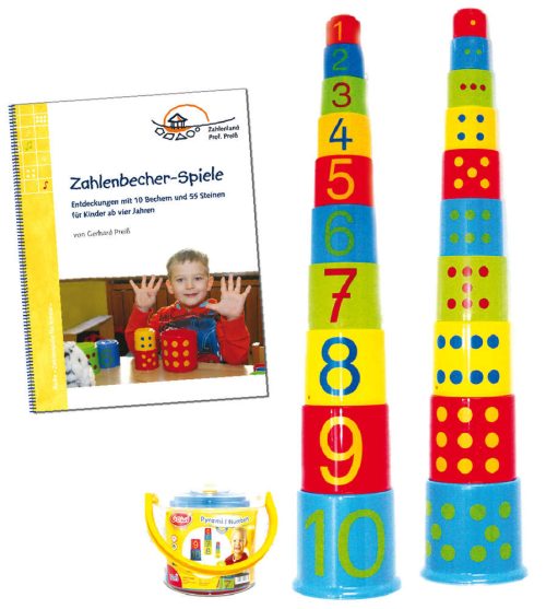 Zahlenbecher-Turm mit Spiele-Heft