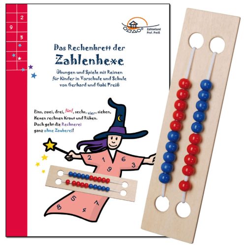 Ein kleines Rechenbrett der Zahlenhexe mit Spieleheft