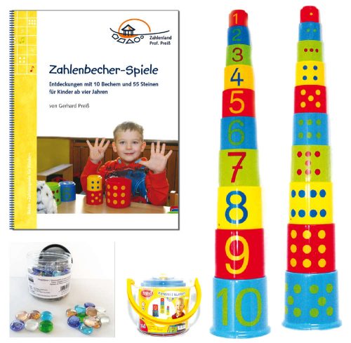 Zahlenbecher-Turm mit Spieleheft und Glasnuggets